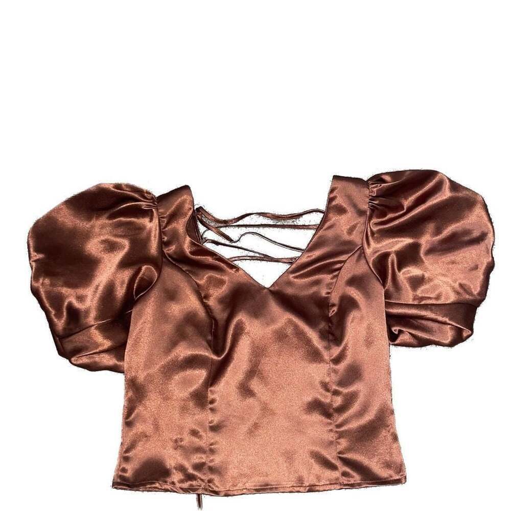 Milk & Honey Burnt Rust Orange Silk Puff-Sleeve Tie-Back Crop Top